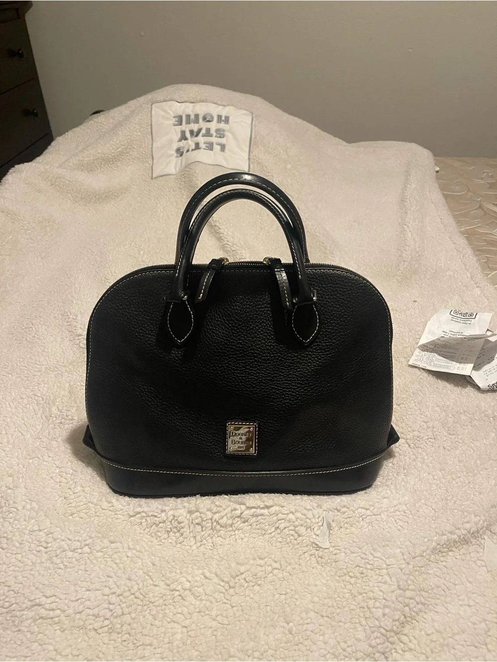 Dooney & Bourke Black Pebbled Leather Dome Satchel with Gold-Tone Logo